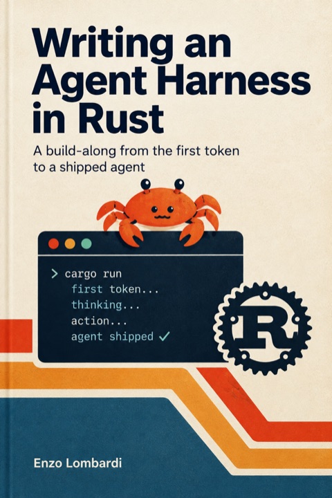 Cover of Writing an Agent Harness in Rust: an orange crab peeking over a terminal window beside the Rust logo