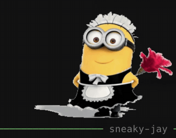 The minions buddy: a minion in a maid's outfit, feather duster in hand, standing on plank's green prompt rule above the session name and fidgeting through its clips
