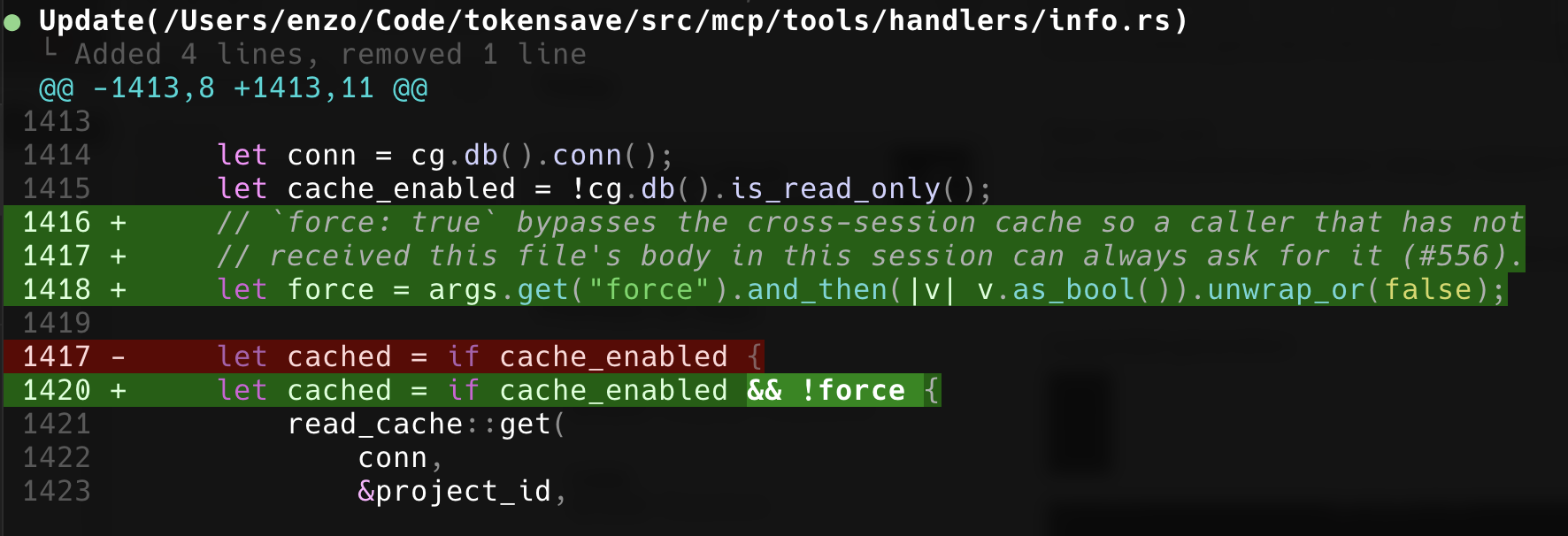 An edit's diff card: added lines on green and the removed line on red, with Rust keywords, strings and function names highlighted inside both, line numbers down the left and a changed-word highlight on && !force