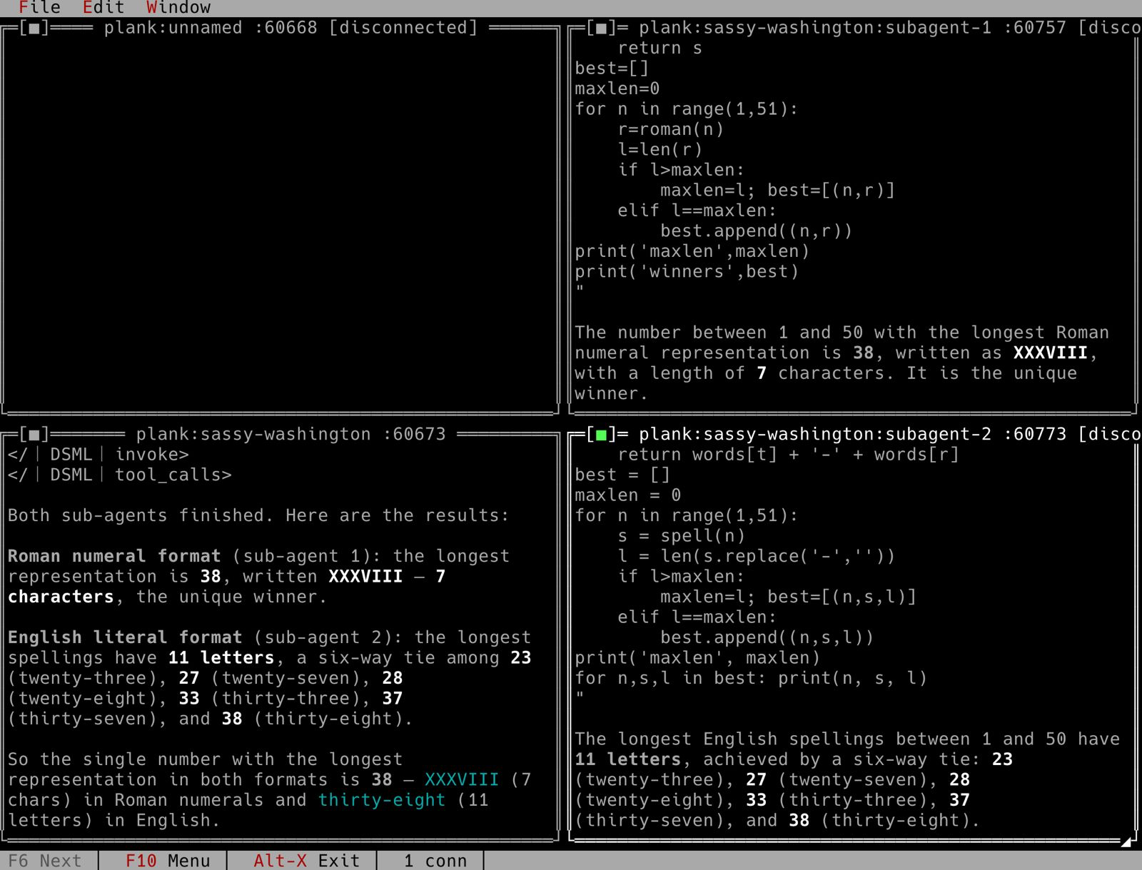 Four turbo-debug-console windows tiled: the parent session plank:sassy-washington bottom-left summarising both results, and subagent-1 and subagent-2 on the right, each streaming its own Python and its own answer
